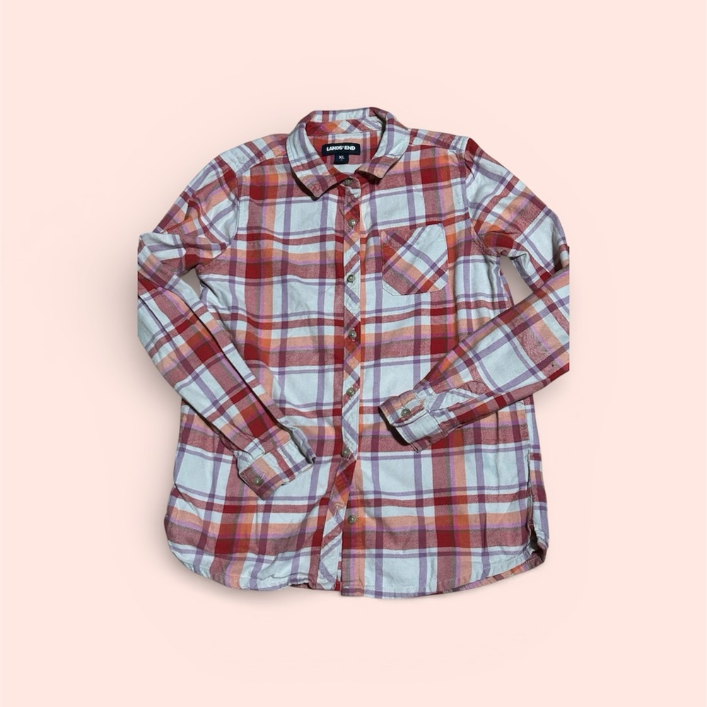 Lands' End Kids Plaid Button Down Shirt - Red, White, and Brown